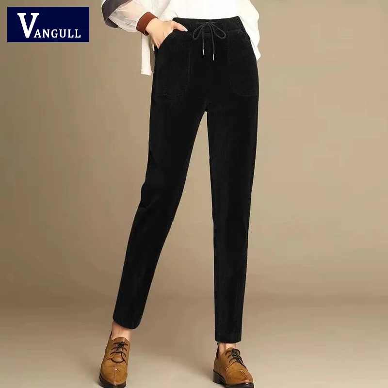 Vangull Corduroy Women High Waist Pants Autumn Winter Solid Elastic waist Trousers Cotton Casual Fashion Slim Pencil Pants