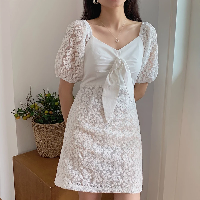 Кружевное платье с вышивкой для женщин в винтажном стиле Сезон лето Vestido Ropa Mujer Corto