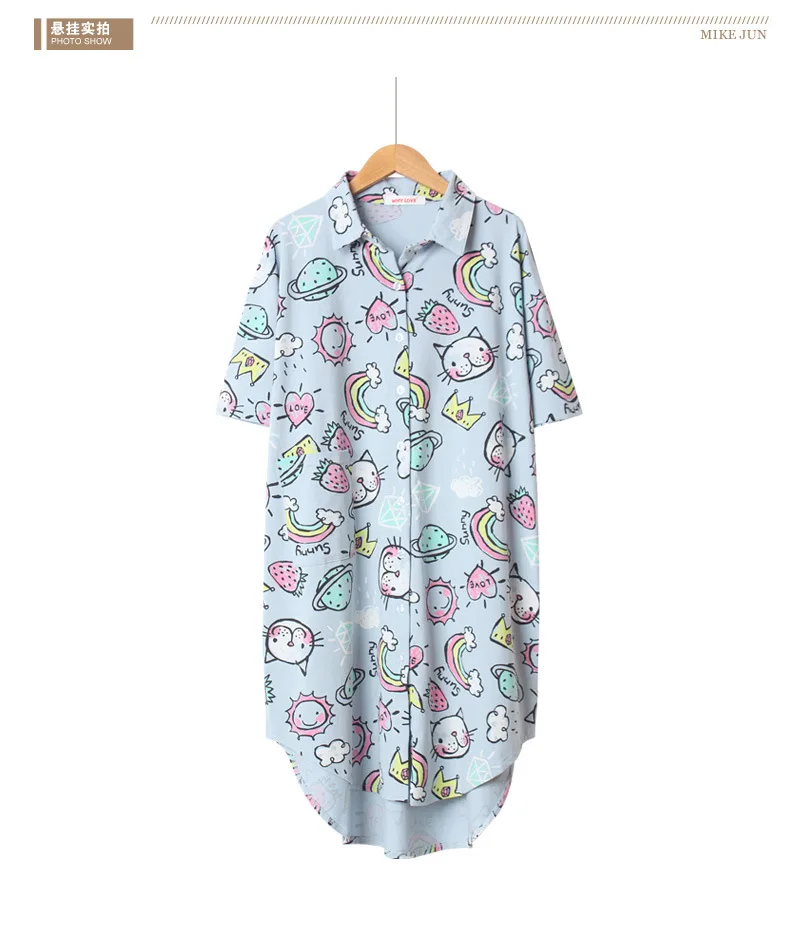 Rainbow Cat Cartoon Graffiti Women Sleepwear Cotton Nightgowns Short Sexy Nightwear Turn-down Collar Sleepshirts Sleeping Dress - Цвет: Light blue