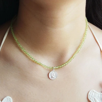 Peridot Lii Ji 3 мм Драгоценный Камень Аквамарин перидот Розовый кварц и т. Д. 925 пробы Серебряная монета очаровательное винтажное ожерелье 40+ 5 см - Цвет камня: Peridot