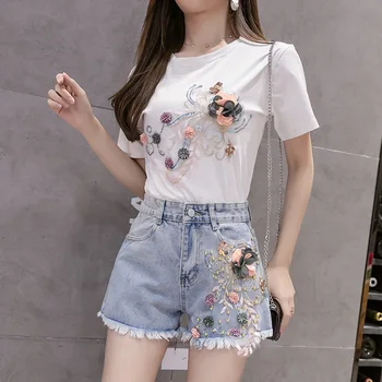 

Embroidery stereoscopic flowers short sleeve T-shirt hole denim shorts Sets