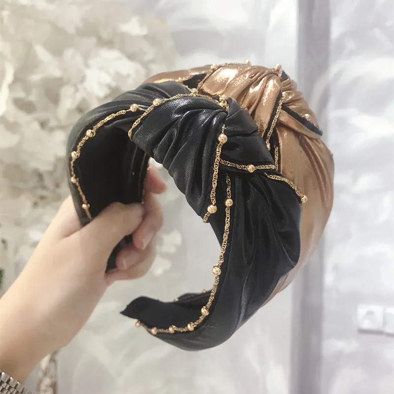 Модные повязки для волос для женщин из искусственной кожи PU жемчужный узел широкий боковой женский тюрбан головной убор женский головной Убор