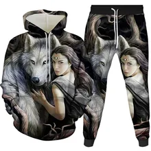 Men Animal Hoodie Suit Spring Autumn Long Sleeve Hoody Set Unisex Wolf Pattern Print Hoodie and Trousers Set Women Tracksuit