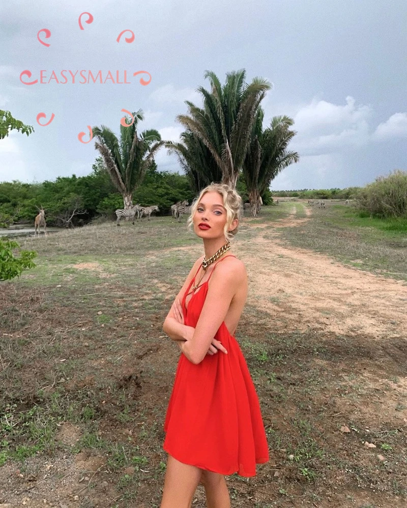 EASYSMALL, женское платье, модное, летнее, Пляжное, красное, на бретельках, сексуальное, с открытой спиной, высококачественные, вечерние, с высокой талией, без рукавов, платья