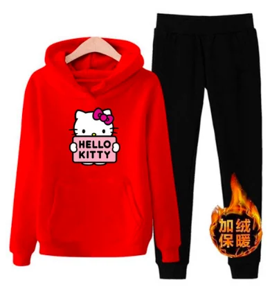 P66 3xl hello-kitty зимний женский комплект из 2 предметов с длинными рукавами, флисовая толстовка с капюшоном, пуловер, костюм, спортивные костюмы, одежда - Цвет: Red