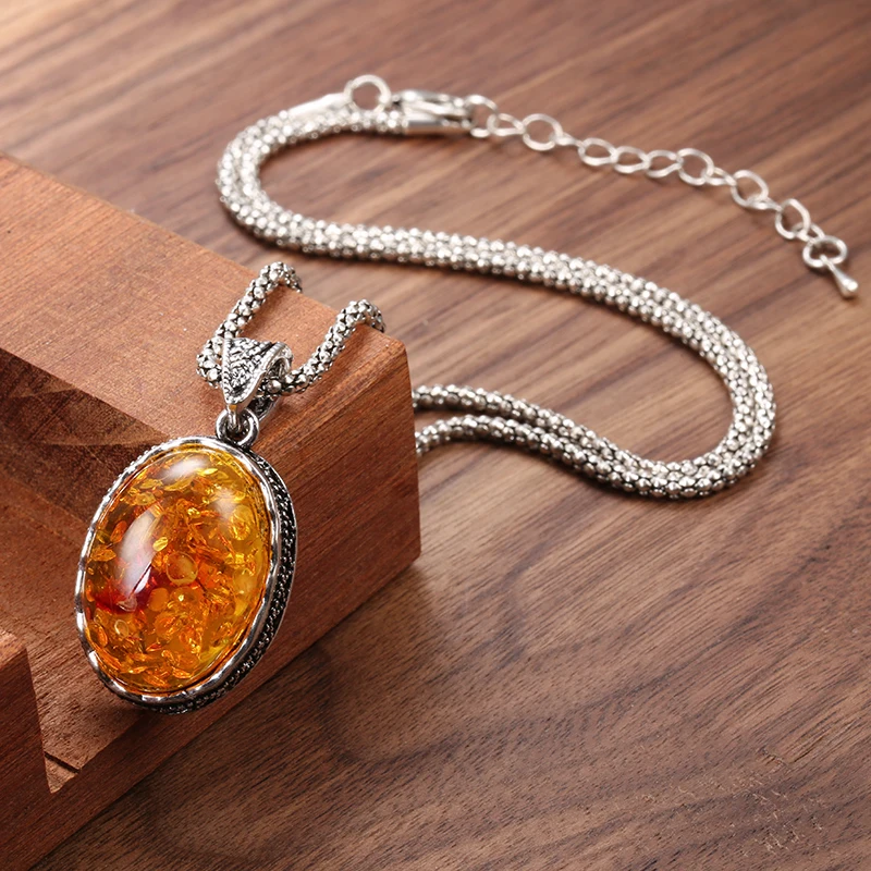 Kinel Luxury Simulated Ambers Necklace For Women Tibetan Silver Oval Flower Pendant Ethnic Wedding Boho Jewelry - Image 3