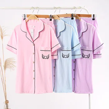 

Couple Cardigan Night Pajamas Suit Summer Cotton Thin Loose Men Women Short Sleeve Shorts Sleepwear Home Suit Pajama Shorts