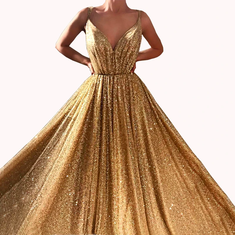 

New Arrival Long Dubai Arabic Gold Glitters V Neck Evening Dresses 2019 Robe Soiree Grande Taille 2018