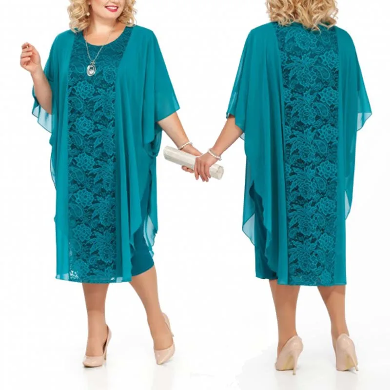 

Elegant Lace Mother Of The Bride Dress Chiffon Plus Size Half Sleeve O Neck Evening Gowns with Cape Formal Dress robe de soiree