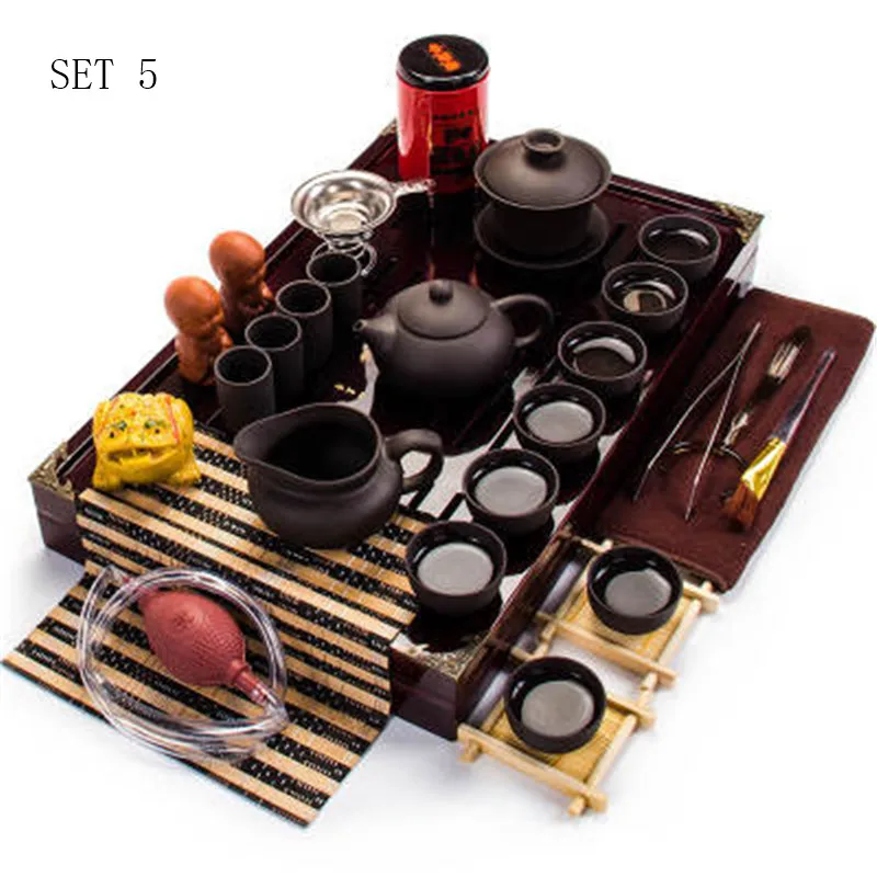 Отличный Фиолетовый глиняный чайный набор кунг-фу чайник gaiwan заварочный чахай деревянный бамбуковый поднос китайский чайный церемониальный набор - Цвет: SET 5