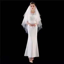 Короткая Свадебная вуаль с кружевной аппликацией, многослойная свадебная вуаль с расческой, свадебные аксессуары, фата невесты для женщин, Veu de noiva