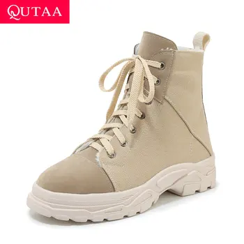 

QUTAA 2020 Scrub Cloth Casual Women Shoes Autumn Winter Platform Lace Up Sneakers Round Toe Wedge Heel Women Shoes Size 34-43