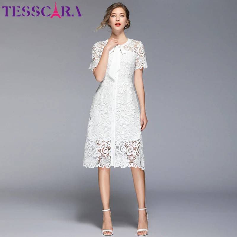 

TESSCARA Women Summer Elegant White Lace Dress Shirt Female Long Wedding Party Robe Femme Vintage Designer High Quality Vestidos