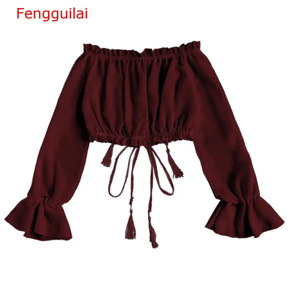 

Summer Women Off Shoulder Top Long Sleeve Pullover Casual Blouse Tops Clothes Shirt With Bow Belt Loose Casual Tops Womens