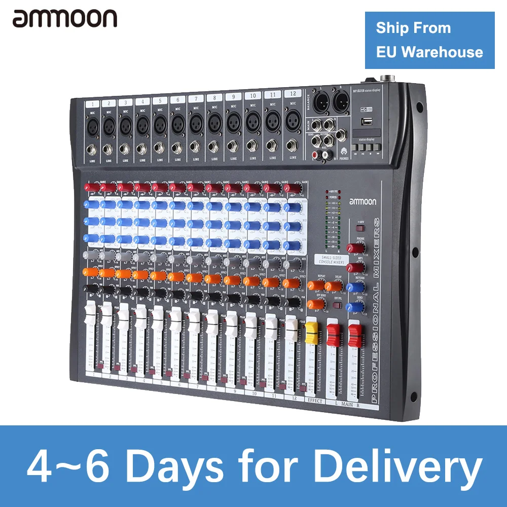 

ammoon 120S-USB 12 Channels Mic Line Audio Mixer Mixing Console USB XLR Input 3-band EQ 48V Phantom Power with Power Adapter