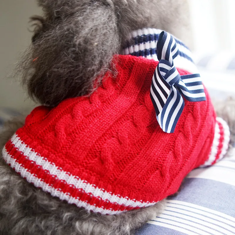 Зимний свитер для собак с бантом, одежда для маленьких собак, свитер со щенком для домашних животных, вязаная крючком ткань, Рождественская куртка для собак, украшение