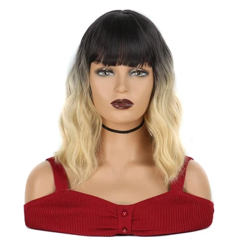 

short Wave Bob Wigs With Bangs Shoulder Length Women Short Wig Curly Wavy Synthetic Cosplay Wig Pastel Wig for Girl Costume Wigs