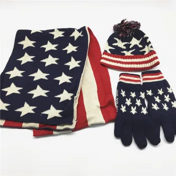 

Women Solid Flag Print Scarf Hat Glove Set Self Pompom Hat Girls Printed Beanie Mitten Sets UK Flag US Flag Navy Winter Set