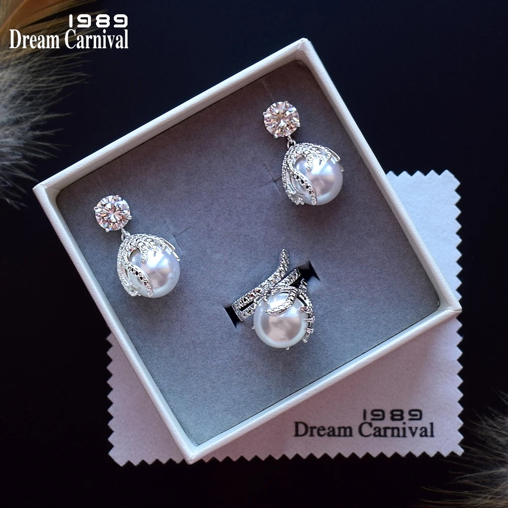 Женские серьги с белым жемчугом DreamCarnival1989 сверкающие элегантные и кольца
