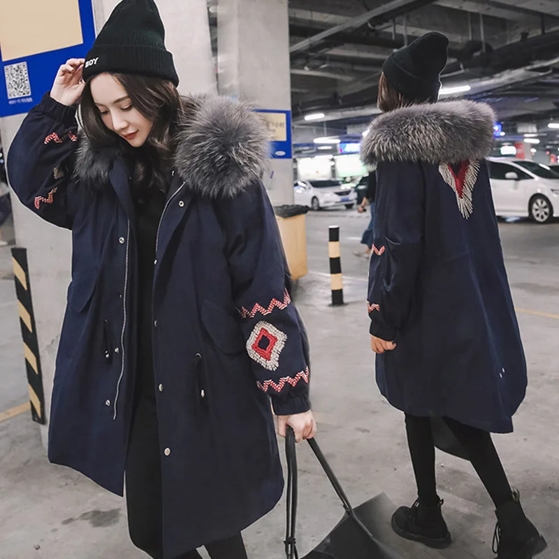 

Winter Thick Cotton-padded Clothes Women's Mid-length Detachable Inner Wearing WOMEN'S Dress Genuine Fur Collar Warm Cotton-padd