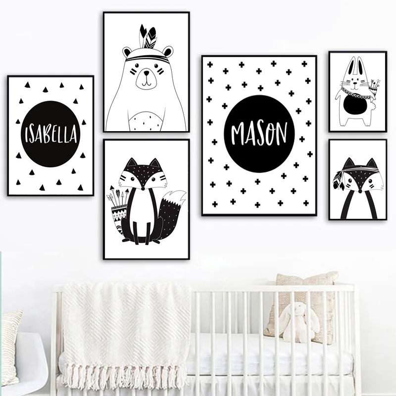 

Zwart Wit Cartoon Beer Konijn Baby Nursery Muur Art Canvas Poster Custom Naam Print Schilderij Nordic Foto Kid Room Decor