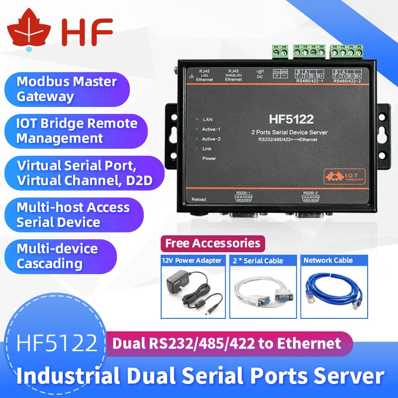 

HF5122 RJ45 RS232/485/422 Serial To Ethernet Free RTOS Serial 2 Port Transmission Converter Serial Server（equal to 2pcs HF5111B）