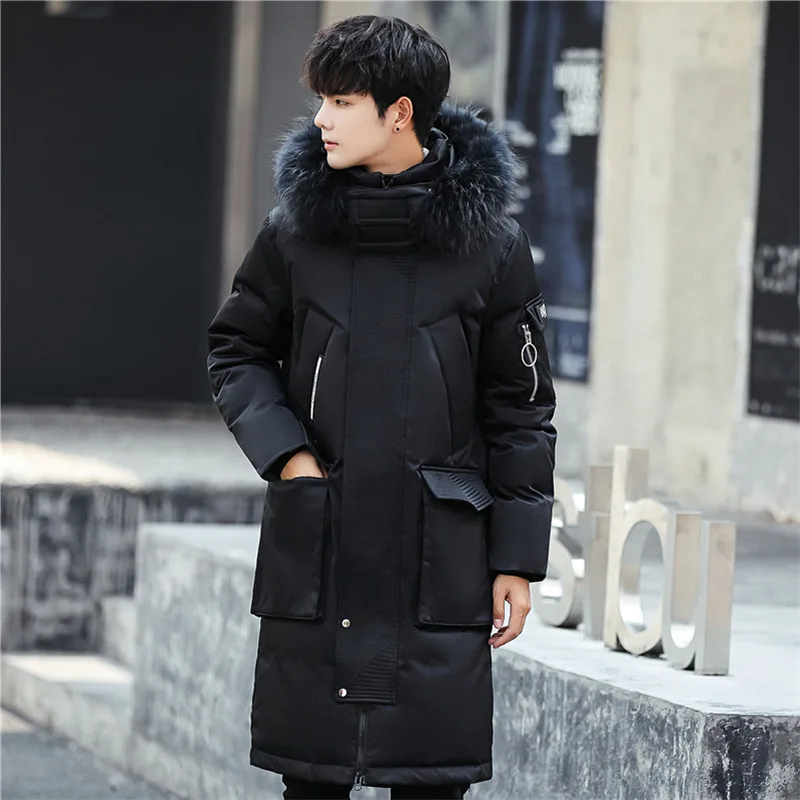 

2019 Winter Men'S Wear Mid-length White Duck down MEN'S down Jacket High Quality Raccoon Fur Collar Hooded Casual Overcoat