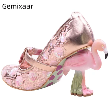 

Novelty Flamingo Heel Party Shoes Woman T-strap Sequined Cloth Embroidery High Heels Round Toe Strange Heel Women Pumps