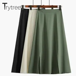 Trytree/2019 осенне-зимняя женская повседневная юбка с разрезом, однотонная, 3 цвета, из полиэстера, на молнии, трапециевидная модная юбка до