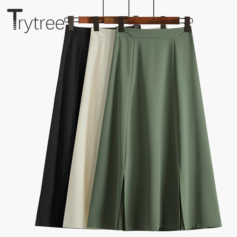 

Trytree 2019 Autumn Winter Women Casual Skirt Solid 3 Colors Silky zipper A-Line Fashion Split Hem Mid-Calf Office Lady Skirt