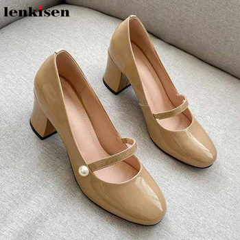 

Lenkisen Mary janes pearl buckle straps solid soft genuine leather shoes round toe high heels women fashion simple pumps L16