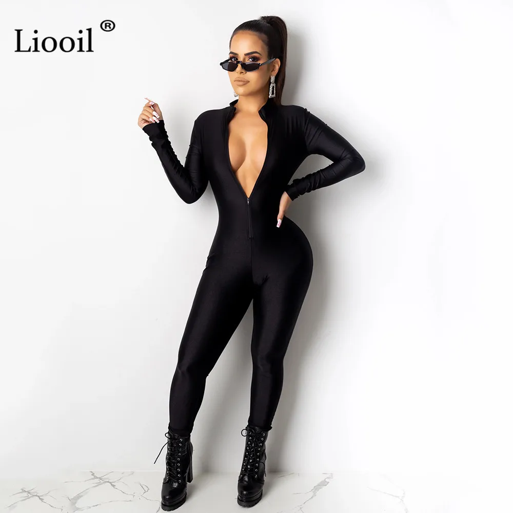Черный Liooil, сексуальный цельный костюм, облегающие Комбинезоны на молнии, осенне-зимние вечерние комбинезоны с длинным рукавом, Клубные женские комбинезоны, черные комбинезоны - Цвет: Черный
