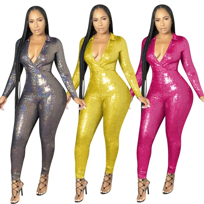 

FIXSYS Womens Fashion Trendy 2020 Long Sleeves Jumpsuit and Rompers Deep V Sequin One Piece Bodycon Jumpsuit Sexy Dropshipping