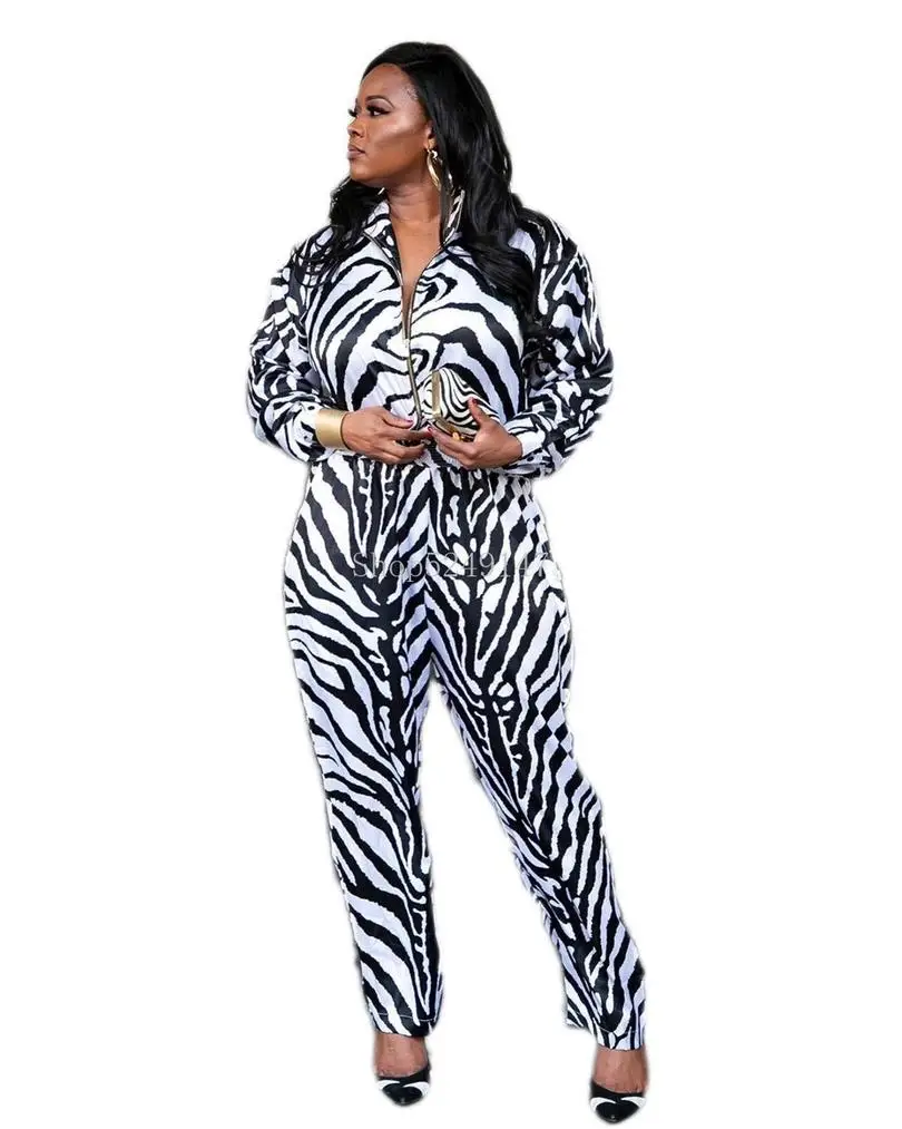 Black White Striped Casual Women Jumpsuit Front Zipper Long Sleeve Loose Romper Street Wear Long Overall