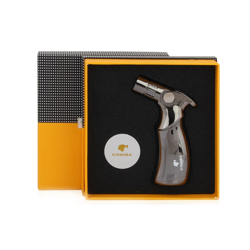 COHIBA многоразовая Зажигалка 4 факел Аксессуары для сигар Пистолет Стиль зажигалки для сигар Газ Бутан Крутые гаджеты с подарочной коробкой