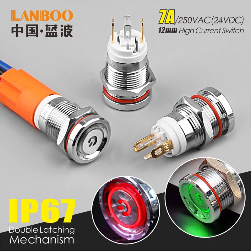 LANBOO 12 мм 7A высокий ток 4 контактный выключатель водонепроницаемый IP67 фиксацией или Мгновенный micro металлический кнопочный переключатель с светодиодный 24V220V