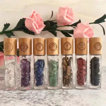 

10ML Essential Oil Crystal Roller Ball Bottle Transparent Perfumes Oil Liquids Roll On Bottles with Crystal Chips ,bamboo lids