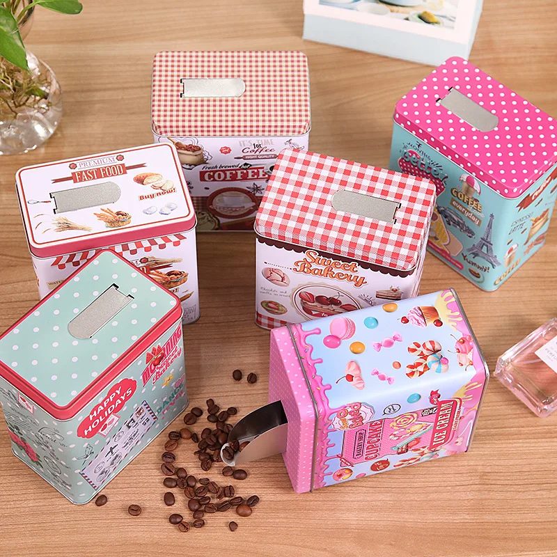 European and American Retro Tin Square Coffee Storage Box Tea Candy Funnel Seasoning Sealed Jar Kitchen Container | Дом и сад