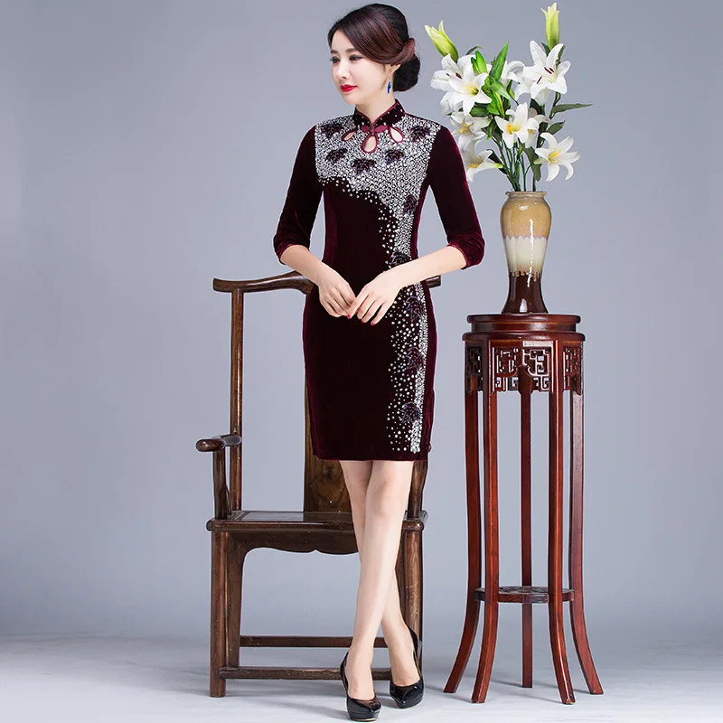 Бархатное женское вечернее платье, сексуальное китайское стильное Cheongsam Qipao, велюровое платье с блестками и бусинами, воротник-стойка, винтажное платье на пуговицах