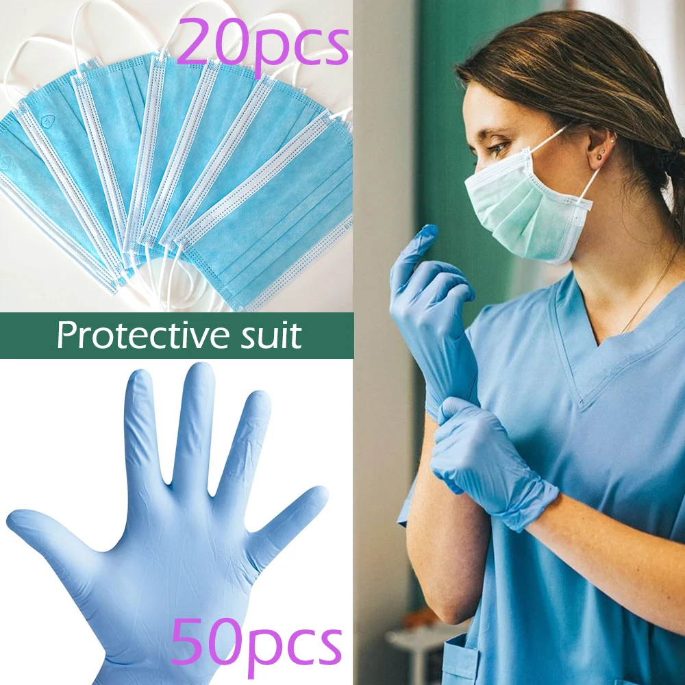 

50pcs Gloves+20pcs Masks 3 Layer Protective FFP2 Mouth Mask Anti Bacteria Anti Virus N95 Masks And Protect Latex Elastic Gloves