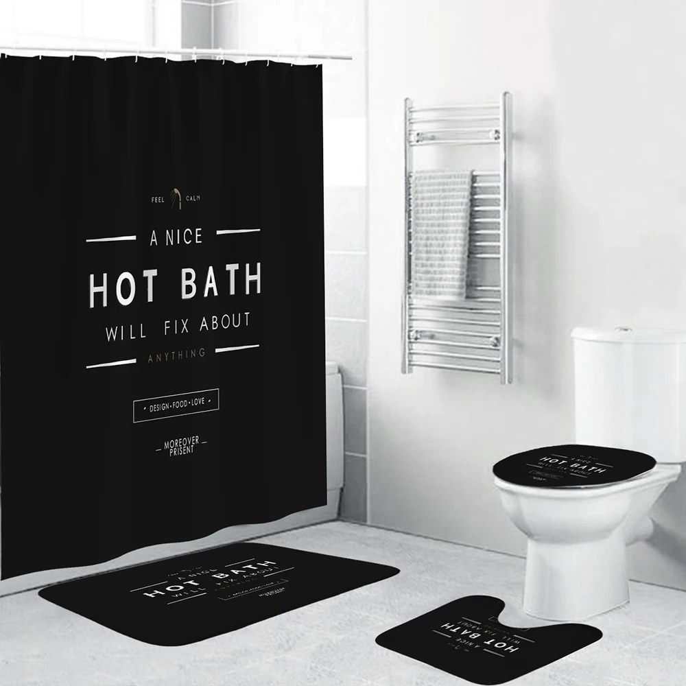 4 Pieces Bathroom Shower Curtain Set with Soft Bath Rug Toilet Lid Cover C 