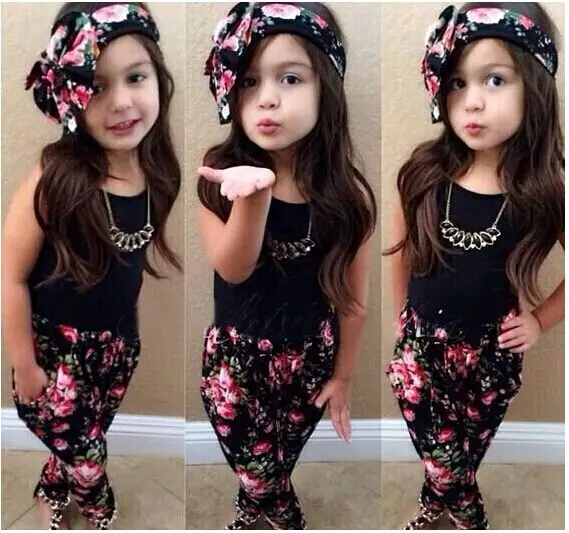 

girls fashion 3pcs children clothing set new Summer sleeveless black T-shirt flower pants scarf Children kids girls clothes