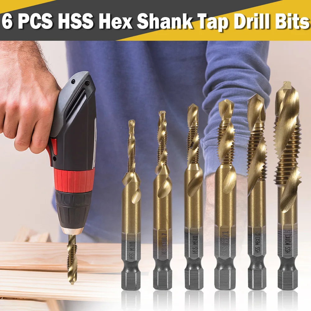 6pcs m3 m4 m5 m6 m8 m10 tap drill bit set hex shank titanium plated hss screw thread bit screw machine compound tap hand tools 6PCS Metric Thread Tap Drill Bits m3 m4 m5 m6 m8 m10 Hex Shank Hss Wood Drilling Tapping Cutting Metal Drill Bit 5.4-5.8cm Long