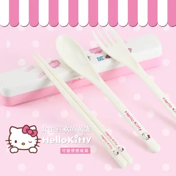 

K T Plastic Fork Spoon Chopsticks Set K Cartoon Resin Tableware Set K Tableware 3-Piece Set hello kitty Tableware