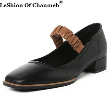 

2020 Fashion Women Genuine Leather Pumps Spring New Quality Mary Janes Party Prom Shoes Woman Elegant Square Toe Medium Heels