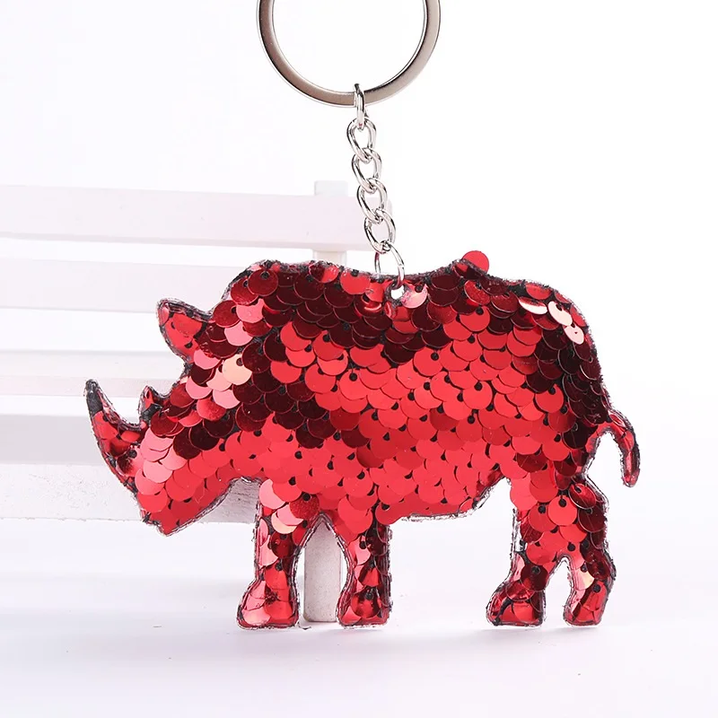 

New Fashion Beautiful Keychain Rhinoceros Glitter Sequins Key Chain Gift for Women Girl Car Bag Accessories Key Ring