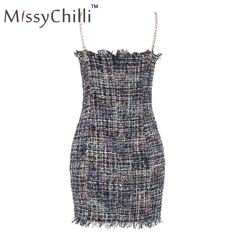 MissyChilli Tweed chain, Короткие вечерние платья для клуба, женское осеннее элегантное облегающее платье, женское сексуальное зимнее мини-платье с v-образным вырезом, vestido