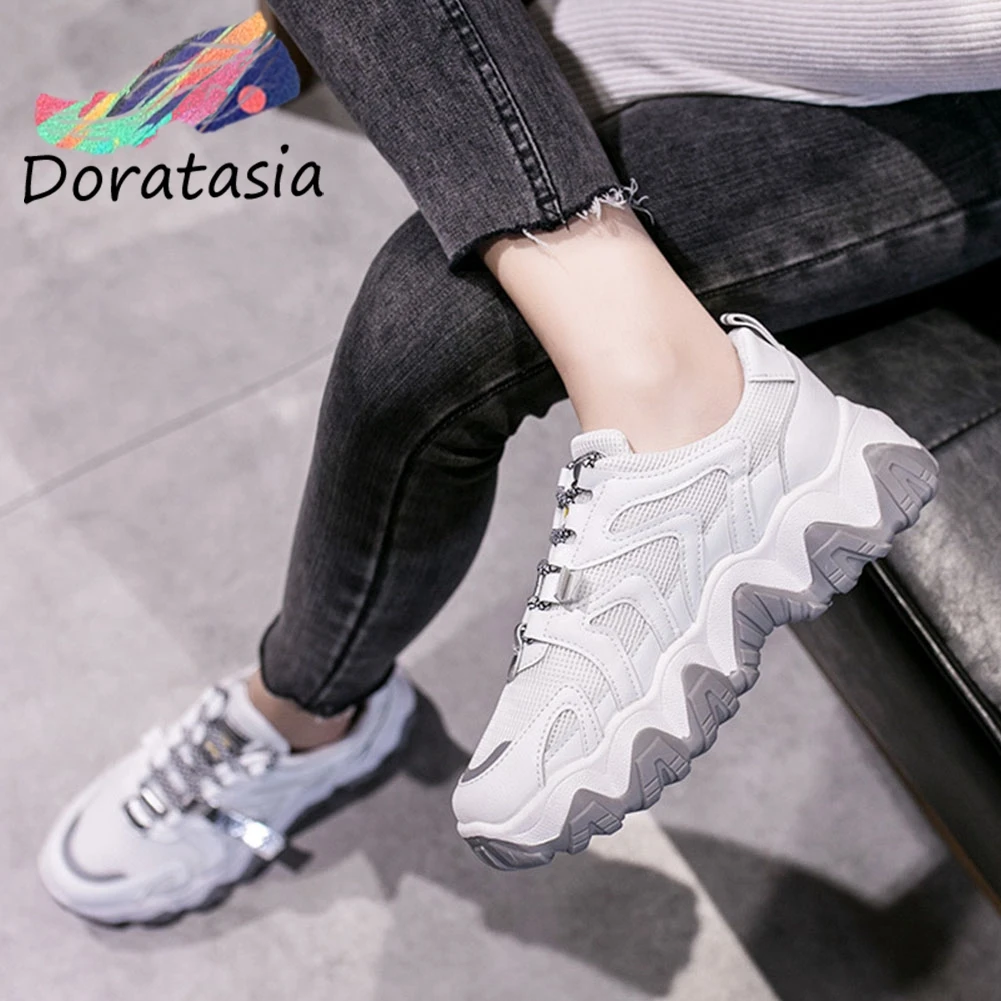 

DORATASIA Brand Cool Girl Lace Up Platform Chunky Heel Mixed Color Round Toe Flats Flats Women Air Mesh Fashion Shoes Woman