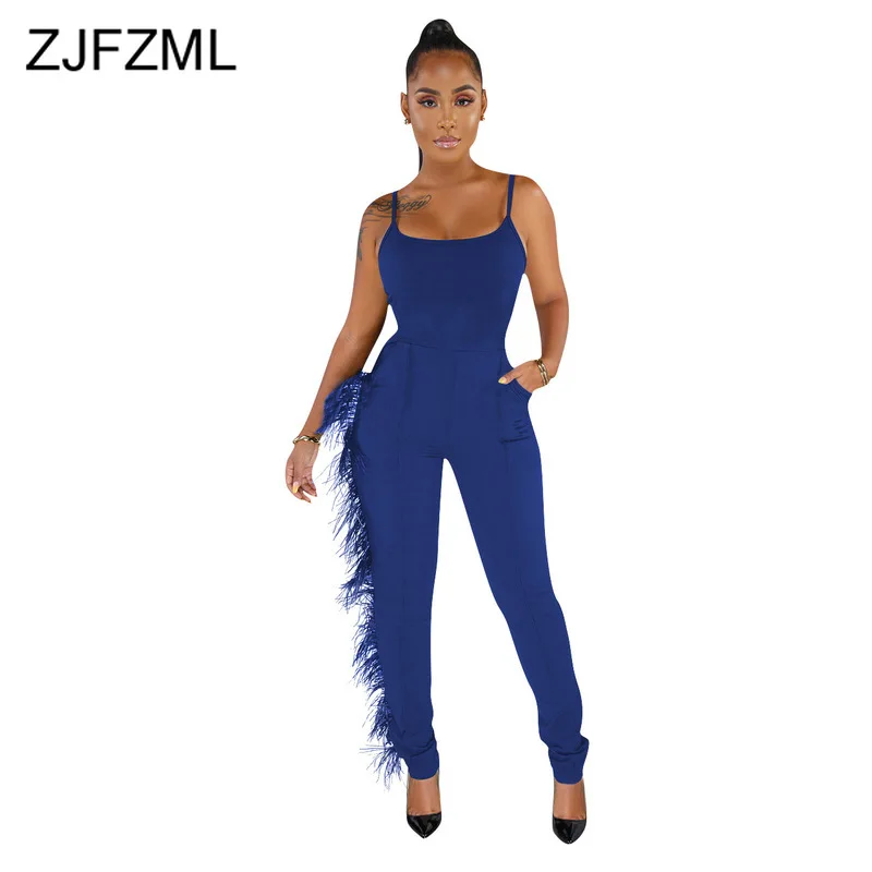 

Feather Patchwork Sexy Bodycon Bodysuit Women Spaghetti Strap Open Back Bandage Jumpsuit Summer Side Pockets Plus Size Playsuit