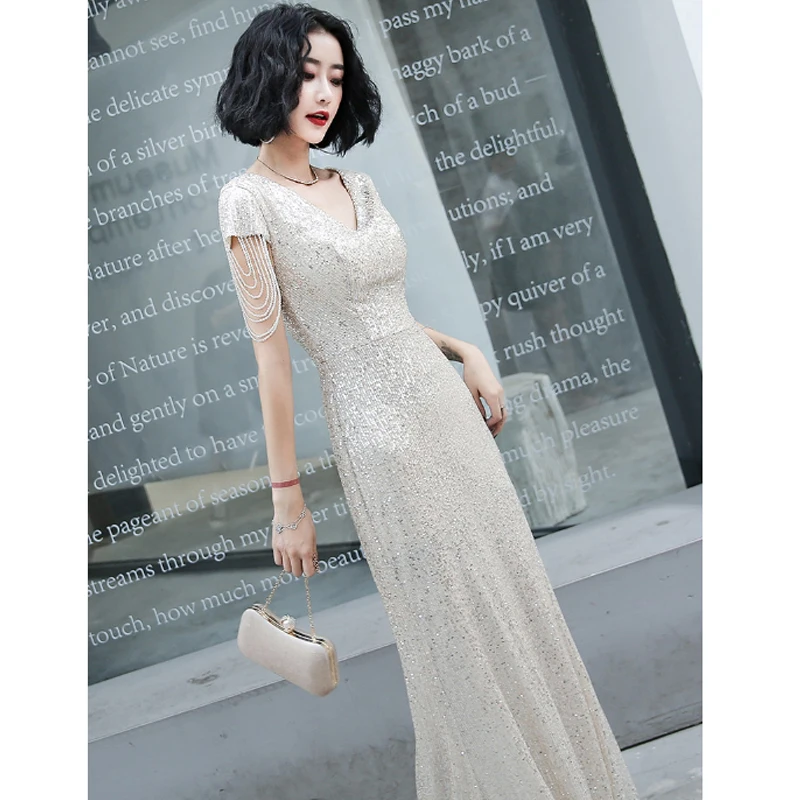 Это Yiiya вечерние платья с v-образным вырезом, вечернее платье с блестками, элегантное платье русалки с коротким рукавом, вечерние платья, длинное платье, LF049